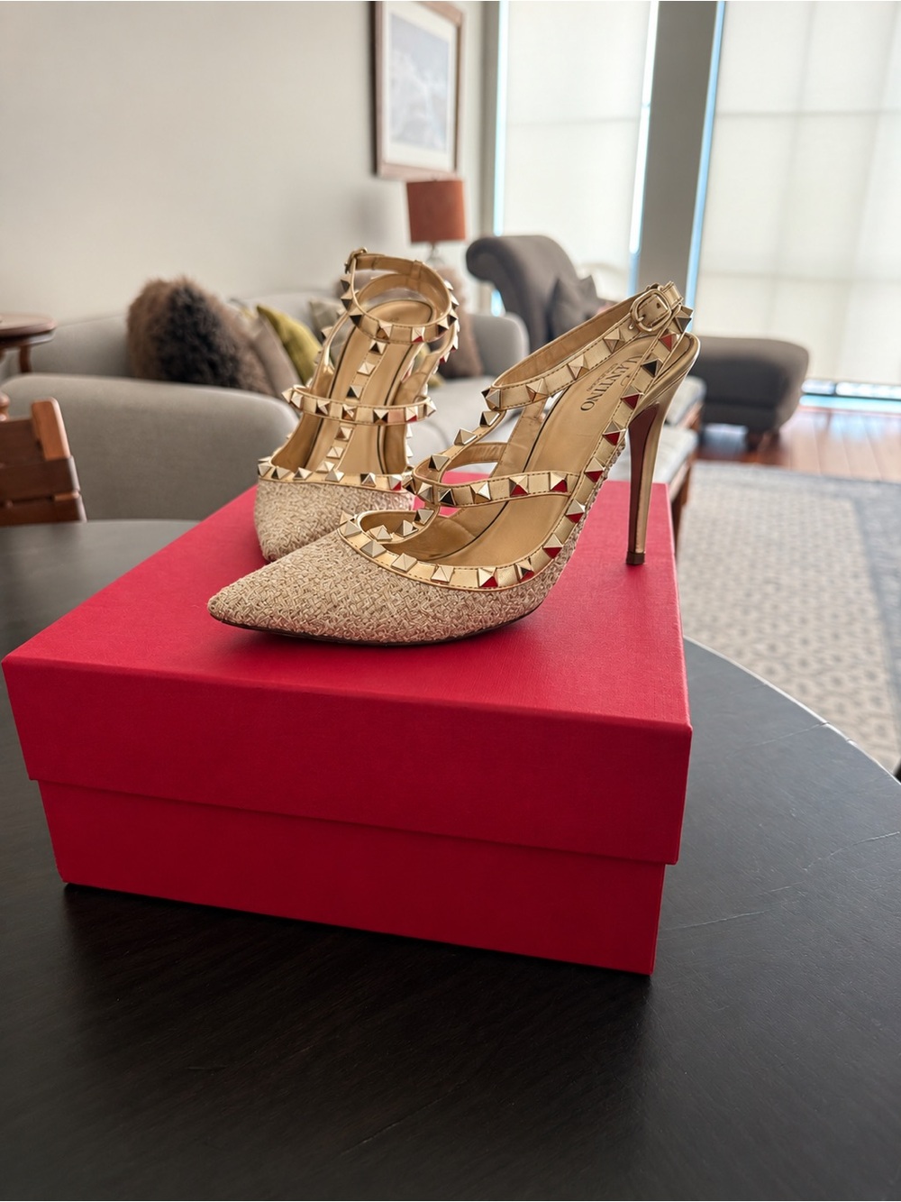 Valentino Garavani Gold Tweed Rockstud Strappy Pointed Pump
